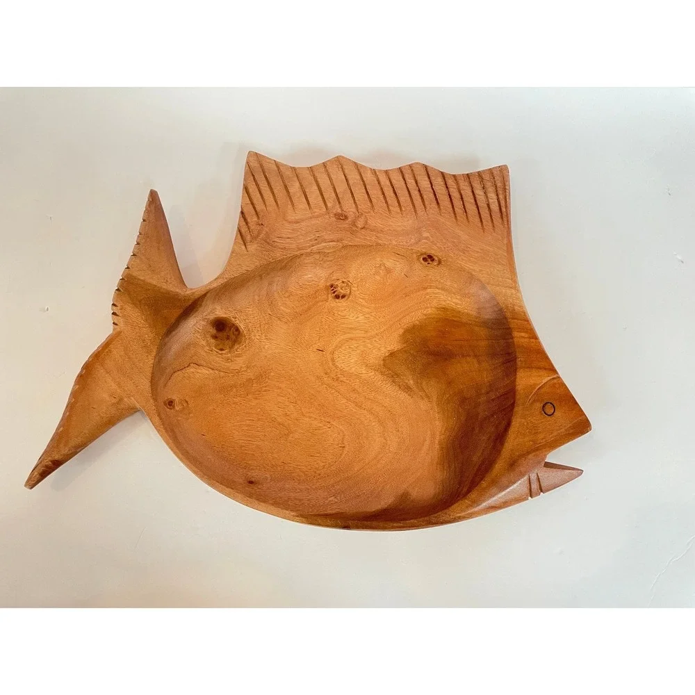 Vintage Hand Carved Wooden Fish‎ Bowl Serving Tray Coastal Tropical Decor Large